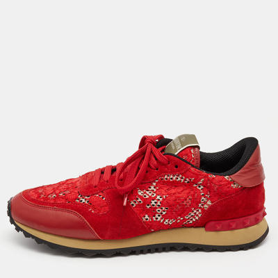 Pre-owned Valentino Garavani Red Lace And Suede Rockrunner Low Top Trainers Size 40