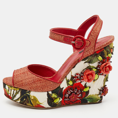 Pre-owned Dolce & Gabbana Pink Floral Raffia Wedge Platform Ankle Strap Sandals Size 40