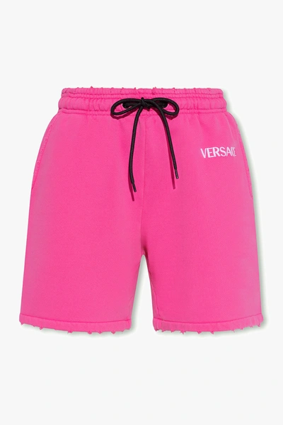 Versace Pink Embroidered-logo Drawstring Shorts In New