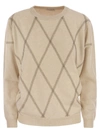 Brunello Cucinelli Crewneck Sweater In Fine Wool, Cashmere And Silk With Diamond Pattern In Sand