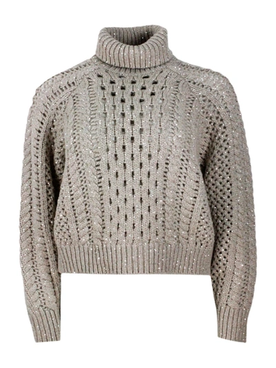 Brunello Cucinelli Special Knit Turtleneck Sweater With Long Sleeves In Fine Cashmere Embellished With Lurex Threads An In Brown