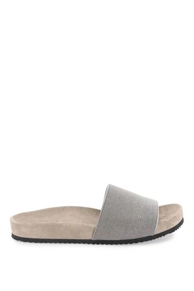 Brunello Cucinelli Monili Flat Pool Slide Sandals In Litioargento+rutenio (silver)