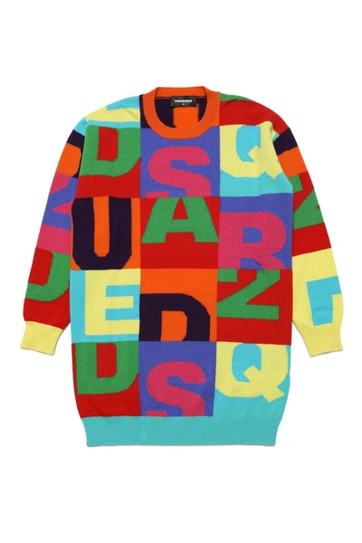 Dsquared2 Kids' Wool Color Block Intarsia Knit Dress In Multicolor