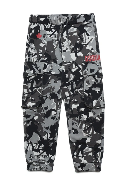 Dsquared2 Kids' D2p626m Trousers Dsquared Cotton Cargo Pants With Allover Skater Camou Graphics In Grey