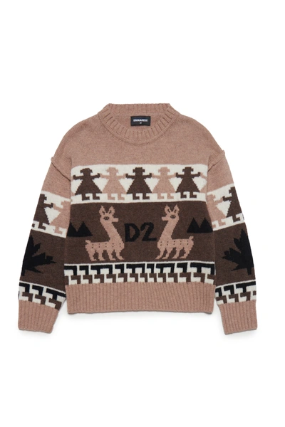 Dsquared2 Kids' D2k155u Knitwear Dsquared Inca Pattern Wool-blend Crew-neck Sweater In Beige