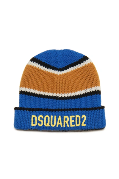 Dsquared2 Kids' Logo-print Striped Wool Beanie In Blue