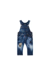 DSQUARED2 SHADED DARK BLUE DENIM DUNGAREES WITH PATCHES AND SPOTS