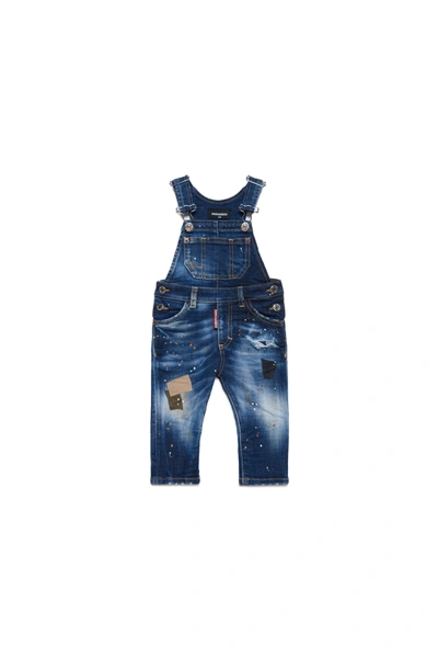 Dsquared2 Babies' D2j217b Overalls Dsquared Shaded Dark Blue Denim Dungarees With Patches And Spots