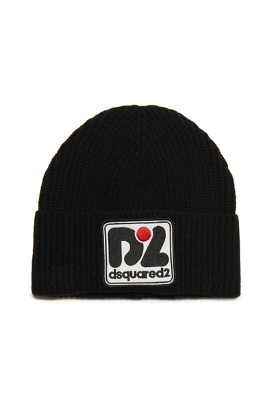 Dsquared2 Kids' Logo-patch Ribbed Beanie In Black