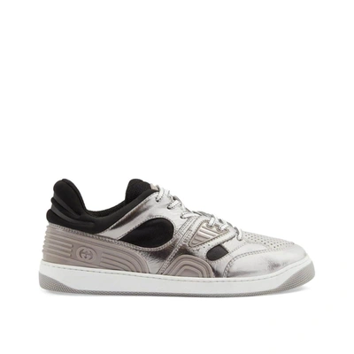 Gucci Basket Metallic-leather Sneakers In Silver