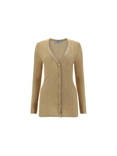 Prada V-neck Lamé Cardigan In Gold