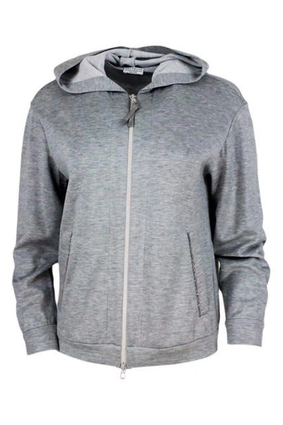 Brunello Cucinelli Cotton And Silk Sweatshirt With Hood And Monili On The Zip Puller And Pockets In Grey