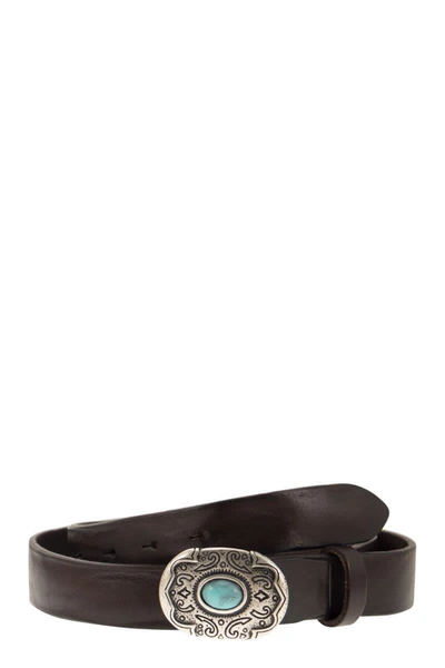 Alberto Luti Leather Belt With Engraved Buckle In Dark Brown