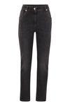 BRUNELLO CUCINELLI BRUNELLO CUCINELLI SLIM PANTS IN STRETCH DENIM WITH SHINY LEATHER TAB