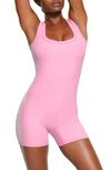 Skims Pink Cotton Rib Onesie Jumpsuit In Bubblegum