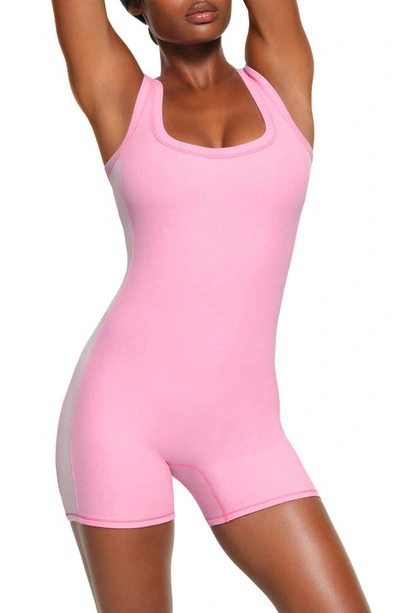 Skims Pink Cotton Rib Onesie Jumpsuit In Bubble Gum