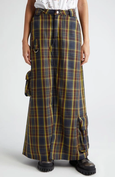 Collina Strada Stomp Plaid A-line Maxi Cargo Skirt In Navy Lime Plaid