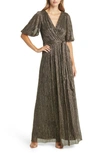 Eliza J Metallic Puff Sleeve Faux Wrap Maxi Dress In Gold