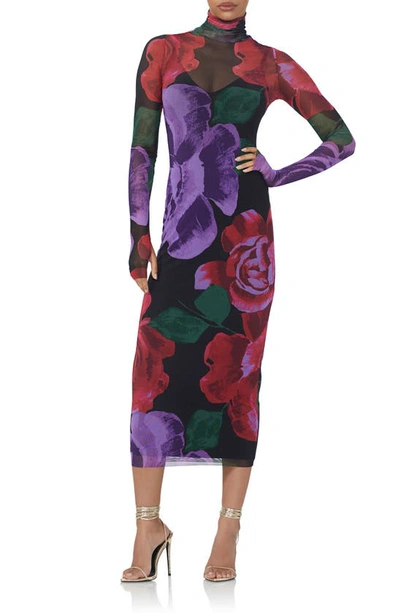 Afrm Shailene Turtleneck Long Sleeve Mesh Dress In Oversized Bloom