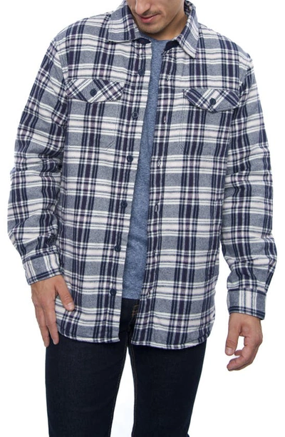 Rainforest Plaid Flannel Faux Shearling Lined Shirt Jacket In Navy/beige Plaid