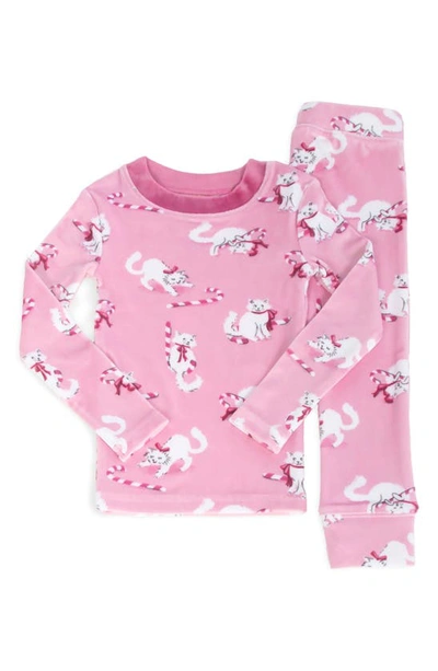 Munki Munki Kids' Holiday Kittens & Candy Canes Fitted Two-piece Pyjamas In Pink
