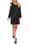 Cece Sequin Long Sleeve One-shoulder Dress In Rich Black