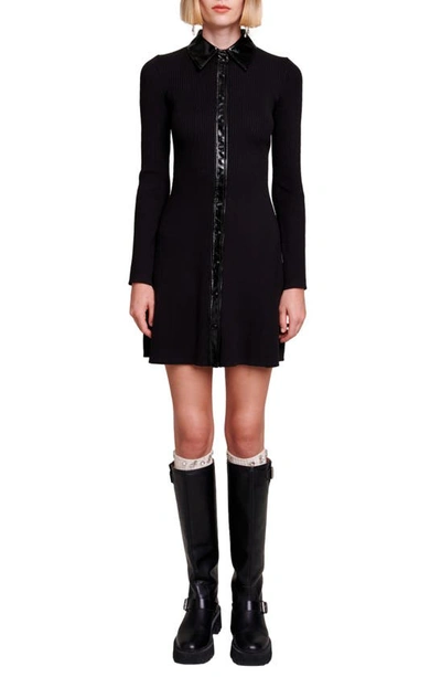 Maje Long-sleeve Ribbed Minidress In Noir / Gris