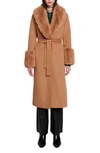Maje Wool Blend Belted Coat With Faux Fur Trim In Camel