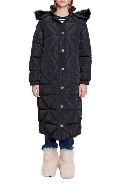 Maje Longline Quilted Jacket With Faux Fur Trim In Noir