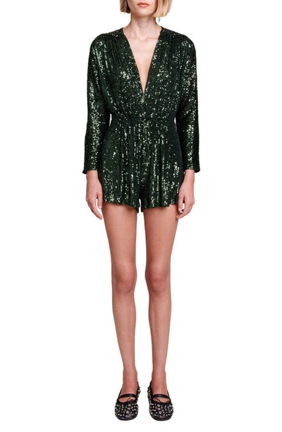 Maje Sequinned Long-sleeve Playsuit In Green