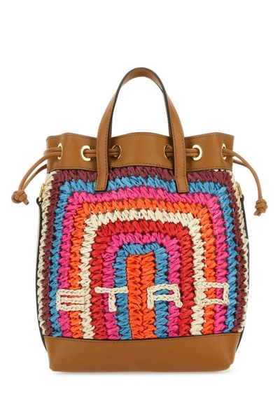 Etro Woman Multicolor Raffia And Leather Bucket Bag