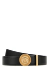 Versace Medusa Streamlined Leather Belt With Adjustable Length And Gold-tone Buckle In Black