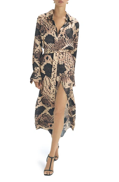 Reiss Imogen Snakeskin Print Long Sleeve Silk Blend Maxi Shirtdress