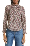 Veronica Beard Calisto Stripe Ruffle Neck Cotton Shirt In Ecru Multi