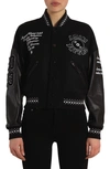Amiri Logo Graphic Embroidered Crop Varsity Jacket In Black Multi