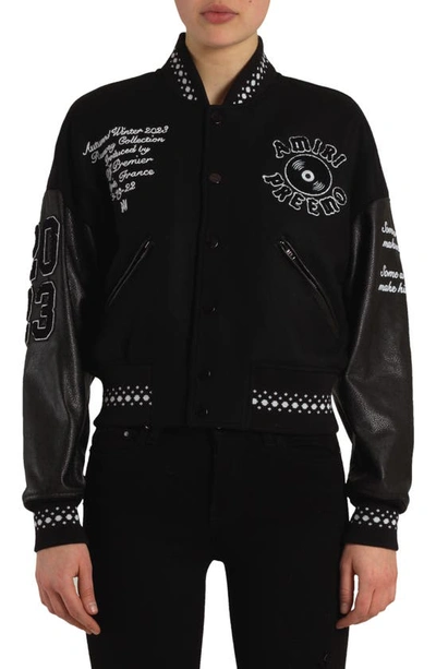 Amiri Logo Graphic Embroidered Crop Varsity Jacket In Black