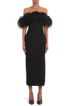 VALENTINO FEATHER DETAIL OFF THE SHOULDER WOOL & SILK SHEATH DRESS