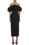 Valentino Feather Detail Off The Shoulder Wool & Silk Sheath Dress In Nero/ Avorio
