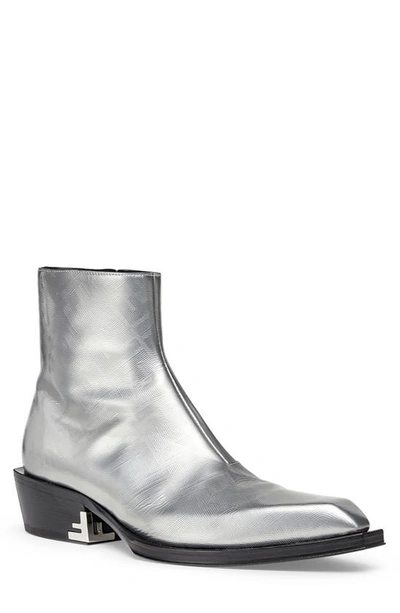 Fendi Men's Metallic Leather Stacked Heel Ankle Boots In Argent