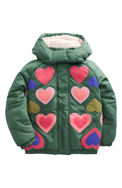 Mini Boden Kids' Appliqué Padded Coat Monster Green Hearts Girls Boden