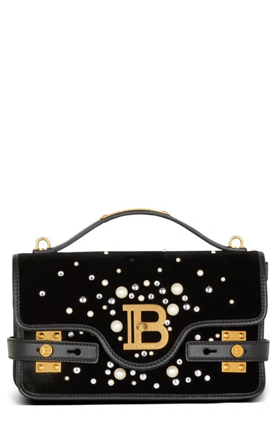 Balmain B-buzz Shoulder 24 Bag In Embroidered Velvet In Black Multi