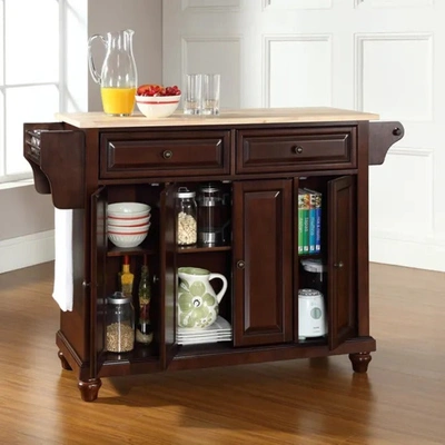 CROSLEY FURNITURE CAMBRIDGE FULL SIZE KITCHEN ISLAND WITH NATURAL WOOD TOP,MAHOGANY