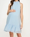 Hello Miz Sleeveless Smocked Neck Loose Fit Mini Maternity Dress In Sky Blue In Blue