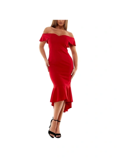 EMERALD SUNDAE WOMENS OFF-THE-SHOULDER MIDI COCKTAIL AND PARTY DRESS