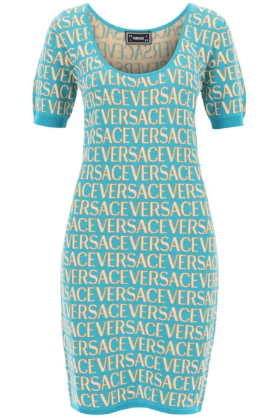 Versace Monogram Knit Mini Dress In Light Blue