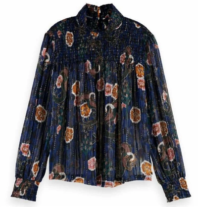 Scotch & Soda Printed Lurex Smock Blouse In Navy In Blue