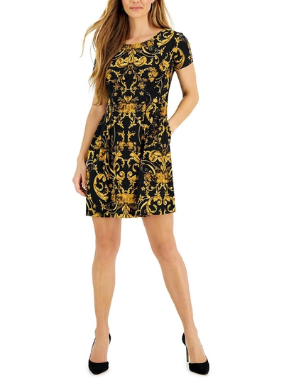 Connected Apparel Petites Womens Printed Mini Fit & Flare Dress In Yellow