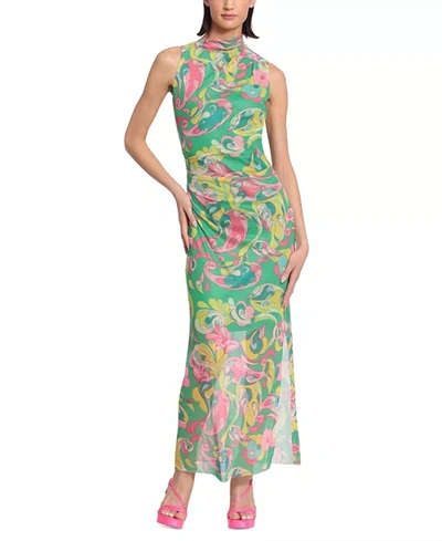 Donna Morgan Printed Mesh-overlay Maxi Dress In Absinthe Green