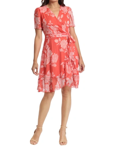 London Times Floral Print Wrap Dress In Tangerine In Orange
