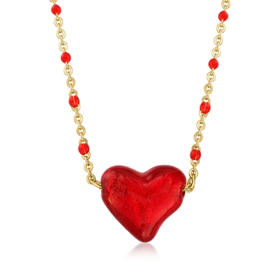Ross-simons Italian Red Murano Glass Heart Bead Necklace In 18kt Gold Over Sterling